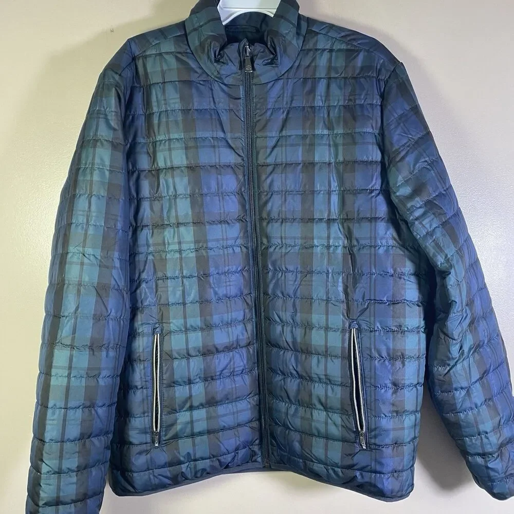 Brooks Brothers Puffer Jacket Mens XL  Blackwatch Tartan Reversible Blue Green